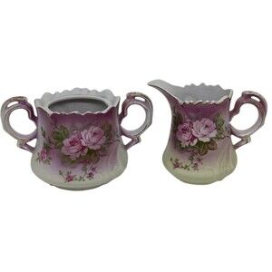 Lefton China Sugar Bowl Creamer Pitcher Heavenly Rose Gold 2689 Hand Painted Vtg